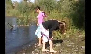 Duo 18yo sweethearts give nature's garb hard by the river