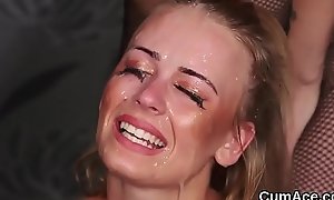 Frisky looker gets cumshot on her face swallowing all the juice