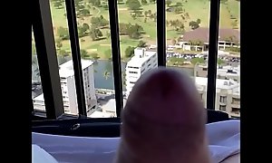 Uncut thick cock cumming at a balcony in hawaii