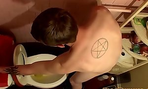 Inked blonde twink pees and solo jerking off big hard cock